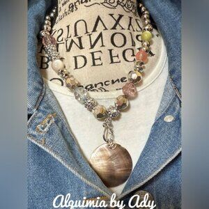 Huge mother of pearl shell and silver nest charms necklace/ statement